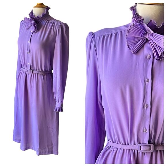 Vintage Lavender Purple Ruffle High Neck 1980s Victorian inspired Midi Dress - L - Picture 2 of 11
